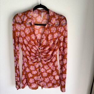 Free People Floral Ruched Blouse in Pink and Orange